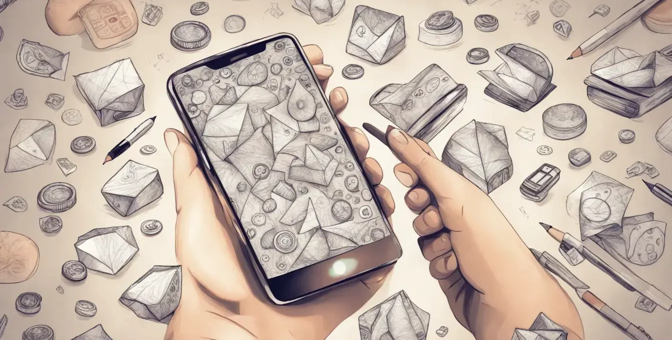Mão segurando smartphone com gráficos de crescimento e ícones de redes sociais, com moedas douradas no fundo.