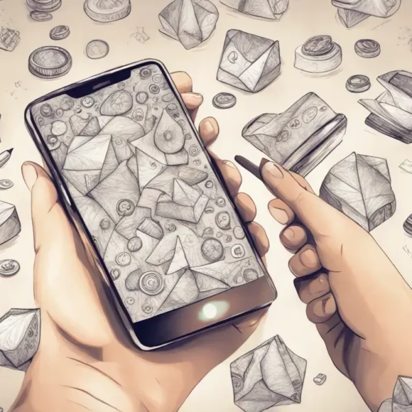 Mão segurando smartphone com gráficos de crescimento e ícones de redes sociais, com moedas douradas no fundo.