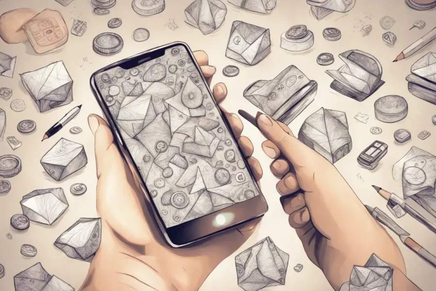 Mão segurando smartphone com gráficos de crescimento e ícones de redes sociais, com moedas douradas no fundo.
