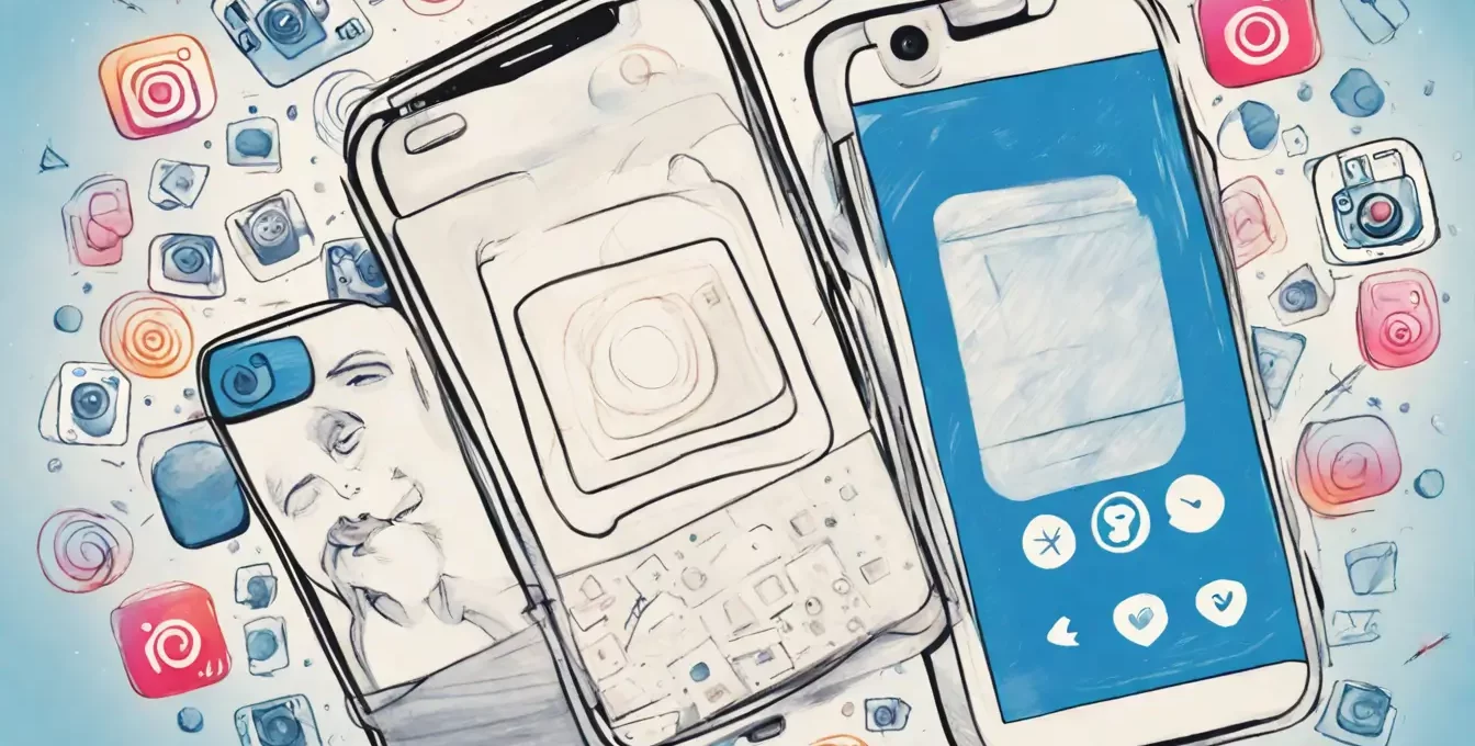 Tela de smartphone com Instagram exibindo 10.000 seguidores, cercado por ícones de curtidas, comentários e seguidores, fundo azul e branco