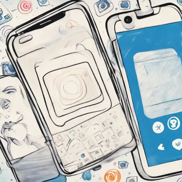 Tela de smartphone com Instagram exibindo 10.000 seguidores, cercado por ícones de curtidas, comentários e seguidores, fundo azul e branco
