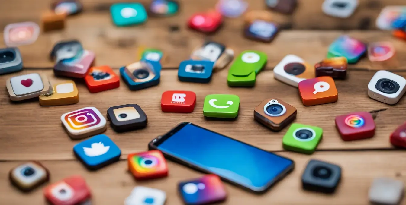 Mão segurando smartphone com aplicativo do Instagram, cercado por ícones coloridos de seguidores, representando a compra de seguidores na rede social.