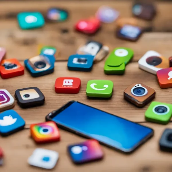Mão segurando smartphone com aplicativo do Instagram, cercado por ícones coloridos de seguidores, representando a compra de seguidores na rede social.