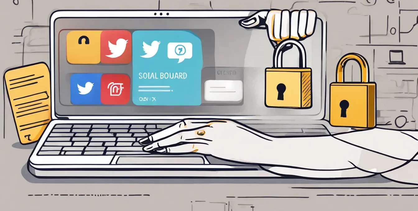 Tela de computador mostrando painel de rede social com aumento de seguidores, mão segurando cartão de crédito perto do teclado do laptop, ícone de cadeado.