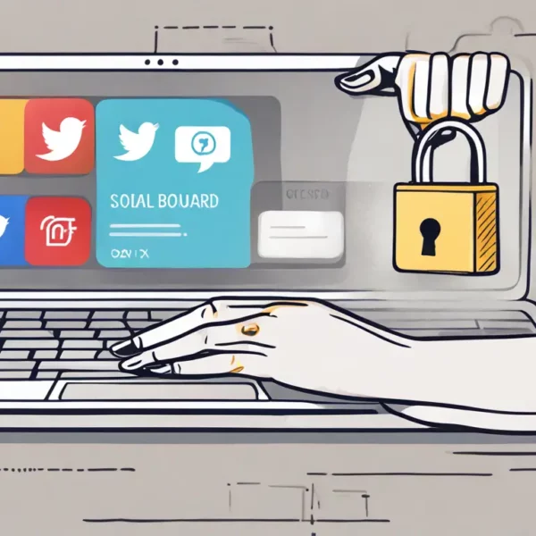 Tela de computador mostrando painel de rede social com aumento de seguidores, mão segurando cartão de crédito perto do teclado do laptop, ícone de cadeado.