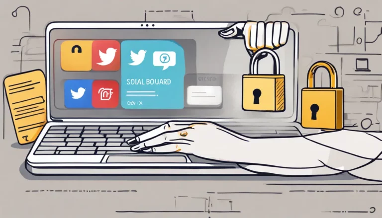 Tela de computador mostrando painel de rede social com aumento de seguidores, mão segurando cartão de crédito perto do teclado do laptop, ícone de cadeado.