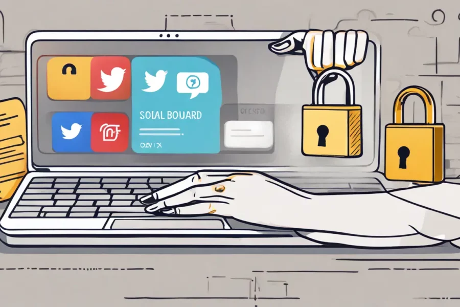 Tela de computador mostrando painel de rede social com aumento de seguidores, mão segurando cartão de crédito perto do teclado do laptop, ícone de cadeado.