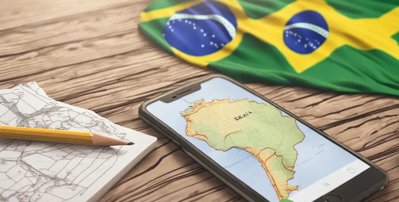 Smartphone exibindo aplicativo de mídia social com contagem de seguidores aumentando, bandeira do Brasil e mapa do Brasil ao fundo.