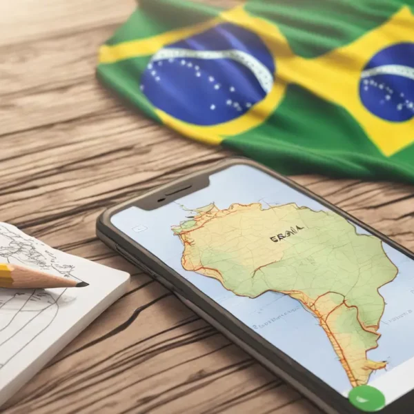 Smartphone exibindo aplicativo de mídia social com contagem de seguidores aumentando, bandeira do Brasil e mapa do Brasil ao fundo.