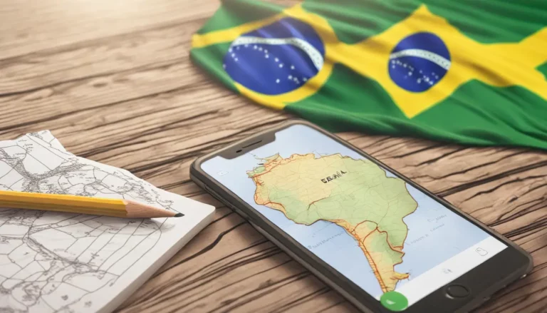 Smartphone exibindo aplicativo de mídia social com contagem de seguidores aumentando, bandeira do Brasil e mapa do Brasil ao fundo.