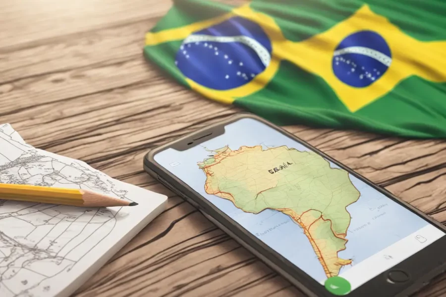Smartphone exibindo aplicativo de mídia social com contagem de seguidores aumentando, bandeira do Brasil e mapa do Brasil ao fundo.