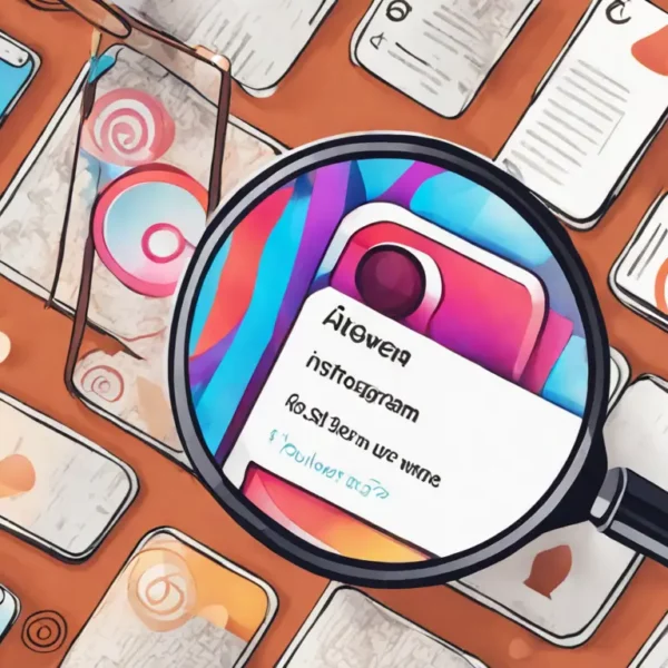 Ícone do app Instagram na tela de um smartphone com uma lupa examinando a contagem de seguidores com um número anormalmente alto.