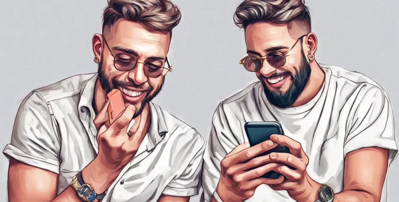 Mão masculina segurando um smartphone mostrando a tela do TikTok com botões de curtidas e seguidores, e ícones de moedas douradas ao redor.