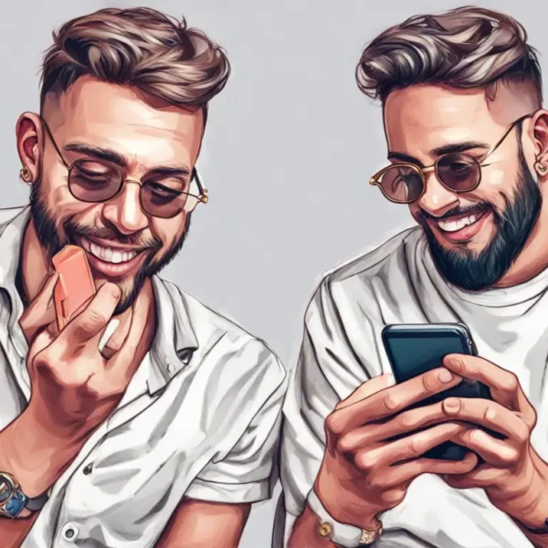 Mão masculina segurando um smartphone mostrando a tela do TikTok com botões de curtidas e seguidores, e ícones de moedas douradas ao redor.