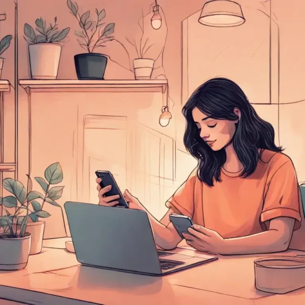 Mulher segurando um smartphone com uma interface de Instagram aberta mostrando uma caixinha de perguntas, sentada ao lado de um laptop.