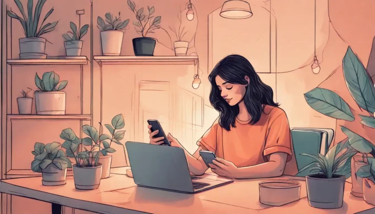 Mulher segurando um smartphone com uma interface de Instagram aberta mostrando uma caixinha de perguntas, sentada ao lado de um laptop.