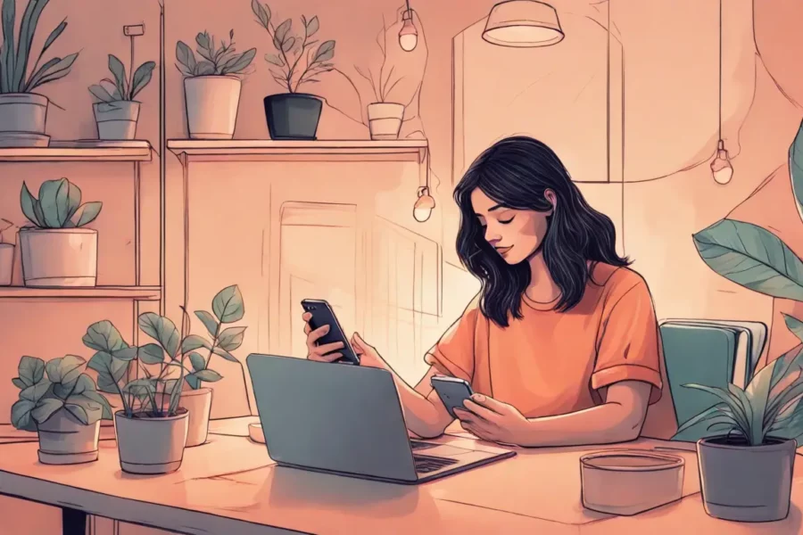 Mulher segurando um smartphone com uma interface de Instagram aberta mostrando uma caixinha de perguntas, sentada ao lado de um laptop.