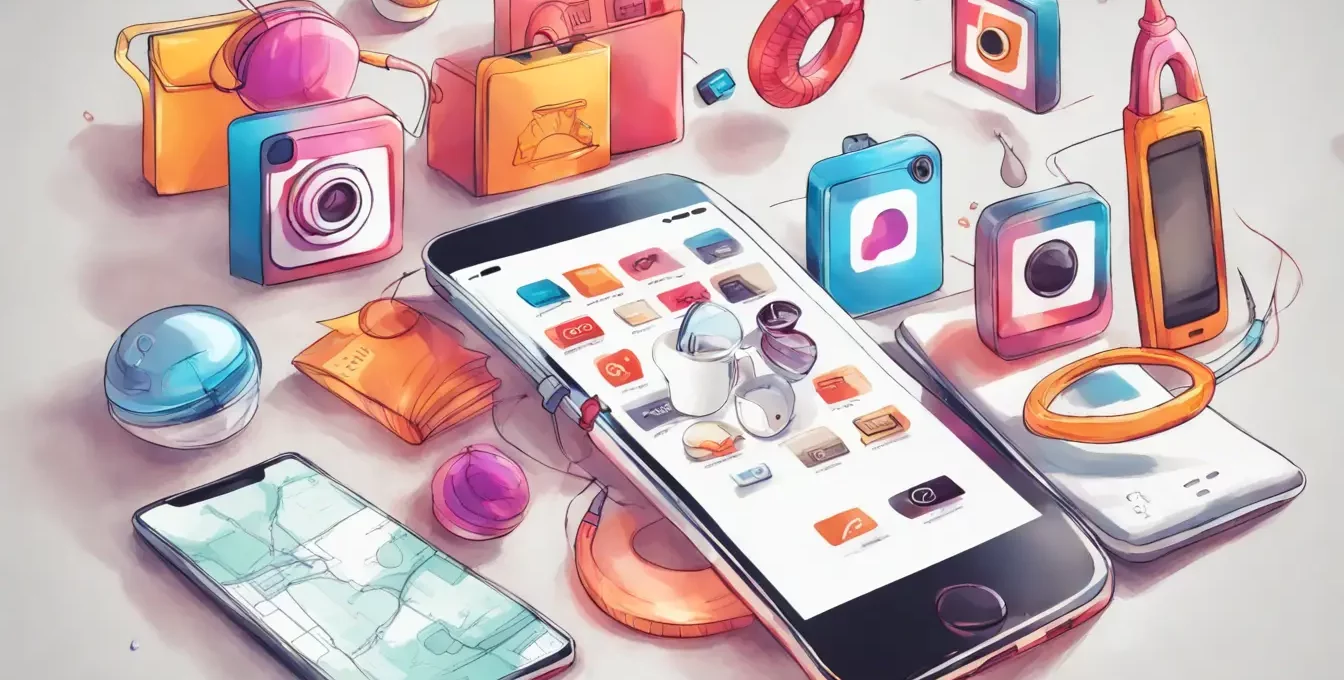 Mão segurando smartphone com tela do Instagram, com ícones de cadeado e carrinho de compras ao redor do telefone.
