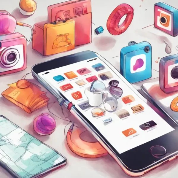 Mão segurando smartphone com tela do Instagram, com ícones de cadeado e carrinho de compras ao redor do telefone.