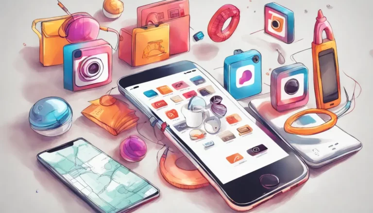 Mão segurando smartphone com tela do Instagram, com ícones de cadeado e carrinho de compras ao redor do telefone.