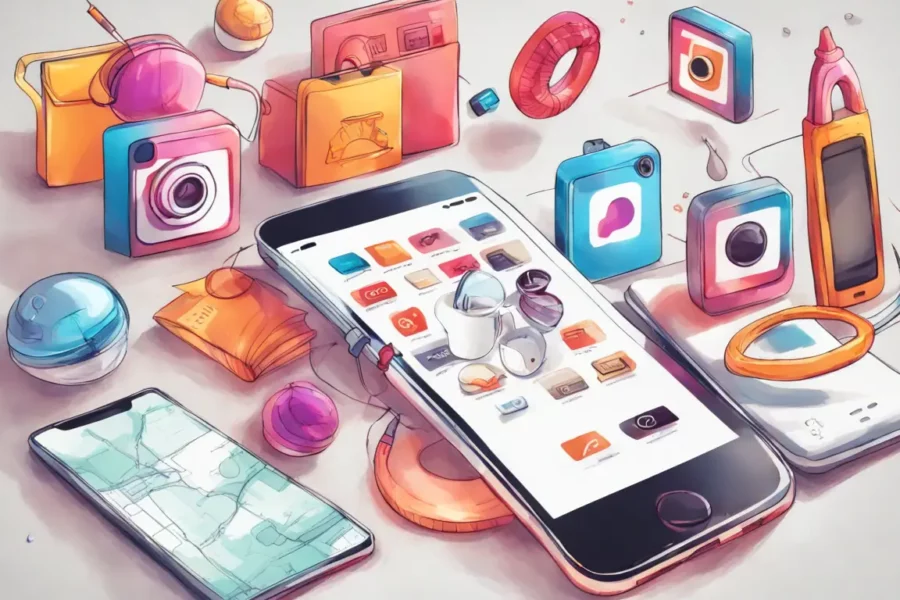 Mão segurando smartphone com tela do Instagram, com ícones de cadeado e carrinho de compras ao redor do telefone.