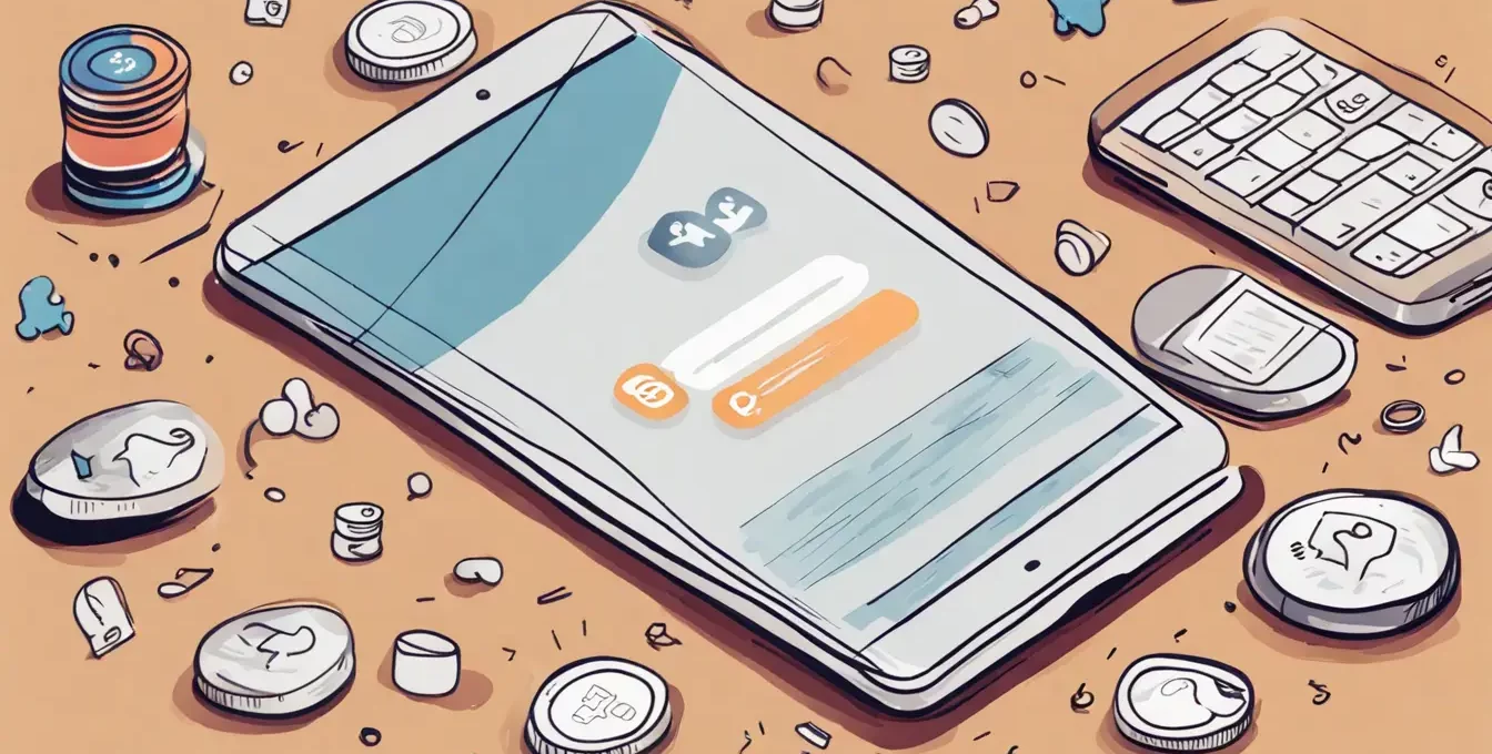 Smartphone mostrando aplicativo de mídia social com contagem de seguidores ao lado de moedas, laptop e bloco de notas.