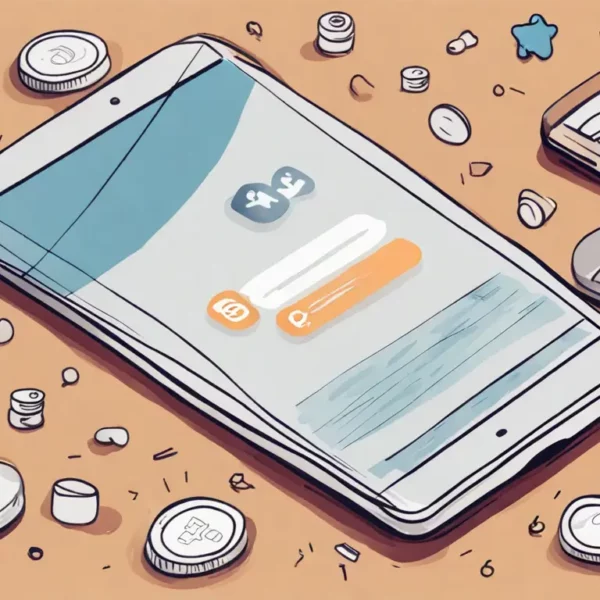 Smartphone mostrando aplicativo de mídia social com contagem de seguidores ao lado de moedas, laptop e bloco de notas.