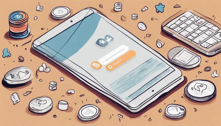 Smartphone mostrando aplicativo de mídia social com contagem de seguidores ao lado de moedas, laptop e bloco de notas.