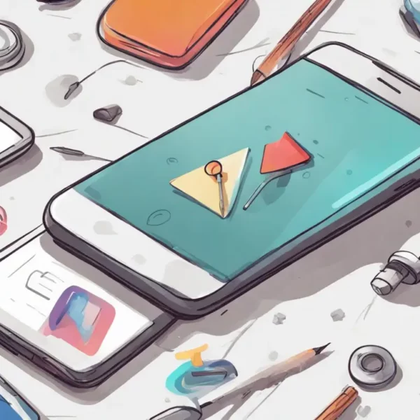 Smartphone em uma mesa cercado por ícones de redes sociais flutuando com símbolos de curtidas e setas crescentes.