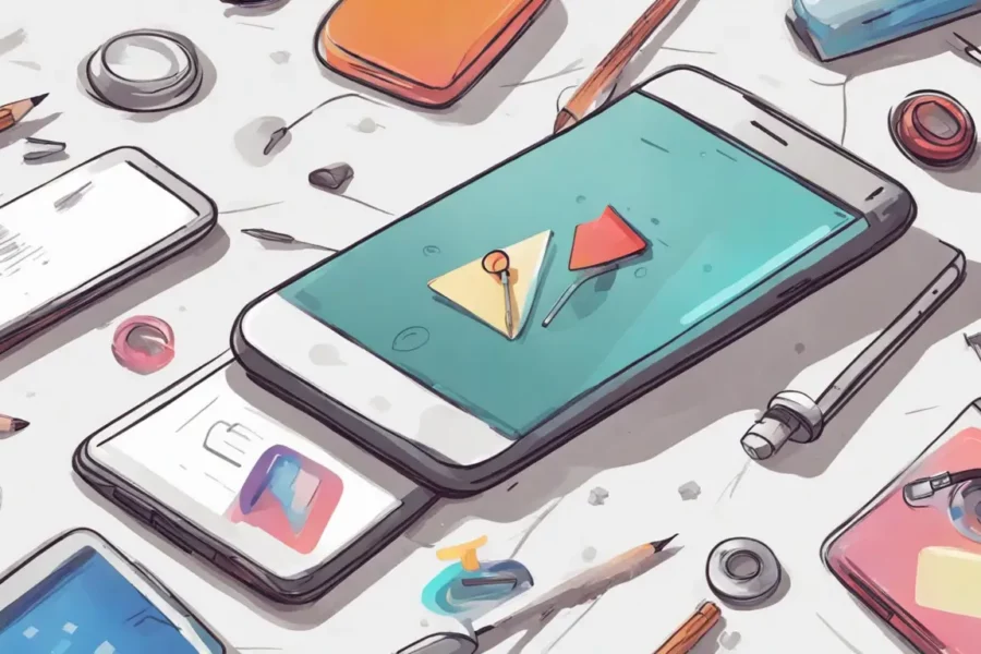 Smartphone em uma mesa cercado por ícones de redes sociais flutuando com símbolos de curtidas e setas crescentes.
