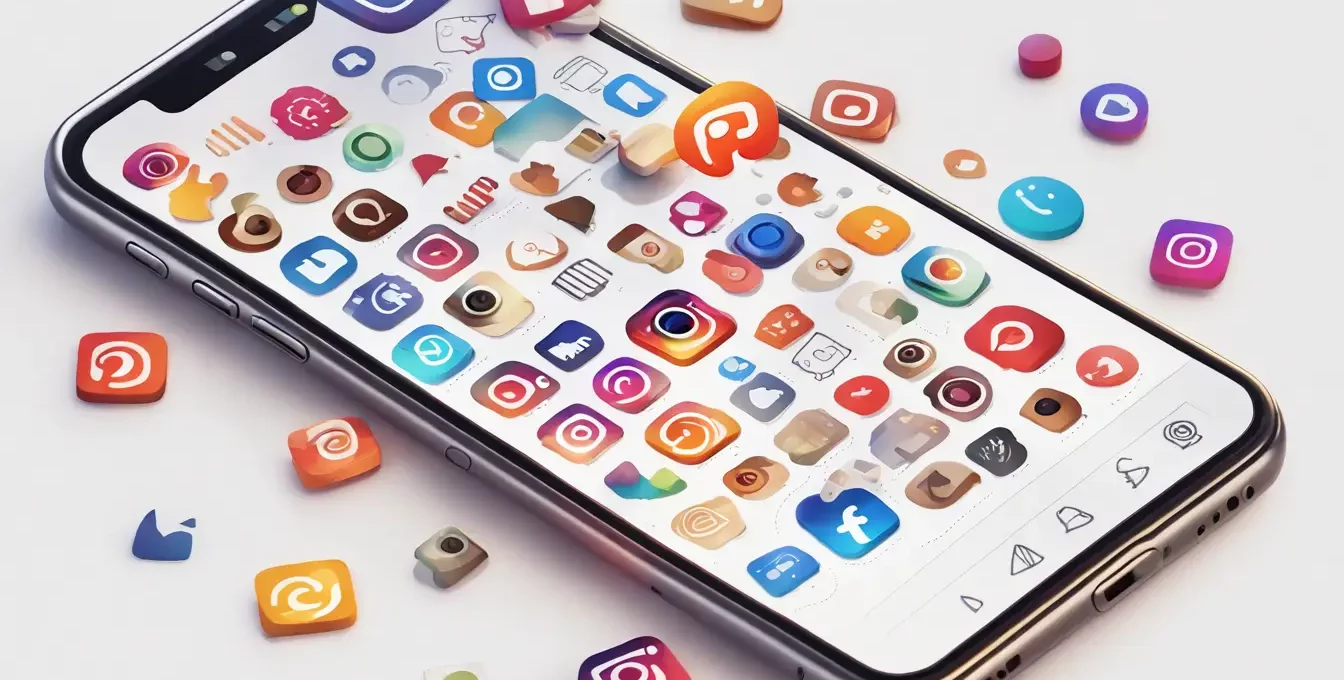 Smartphone exibindo o aplicativo Instagram com uma pilha de ícones de notificação coloridos acima, cercado por ícones de redes sociais.