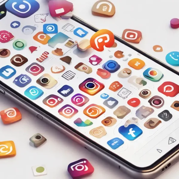 Smartphone exibindo o aplicativo Instagram com uma pilha de ícones de notificação coloridos acima, cercado por ícones de redes sociais.