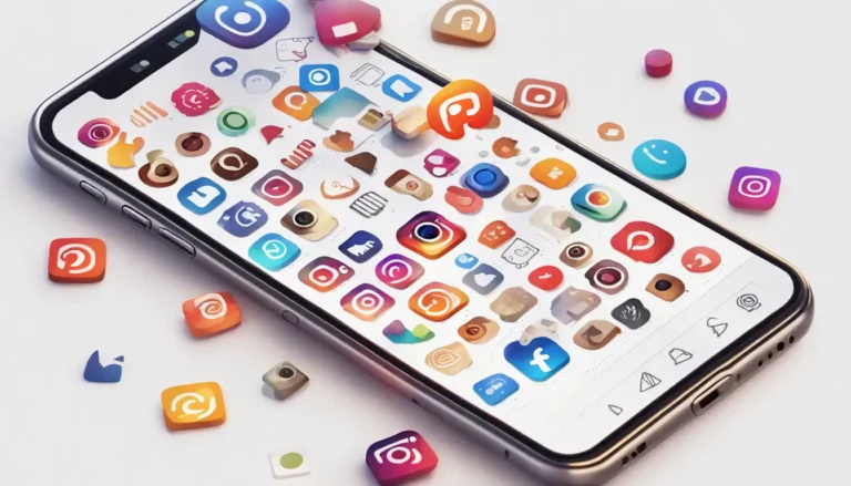 Smartphone exibindo o aplicativo Instagram com uma pilha de ícones de notificação coloridos acima, cercado por ícones de redes sociais.