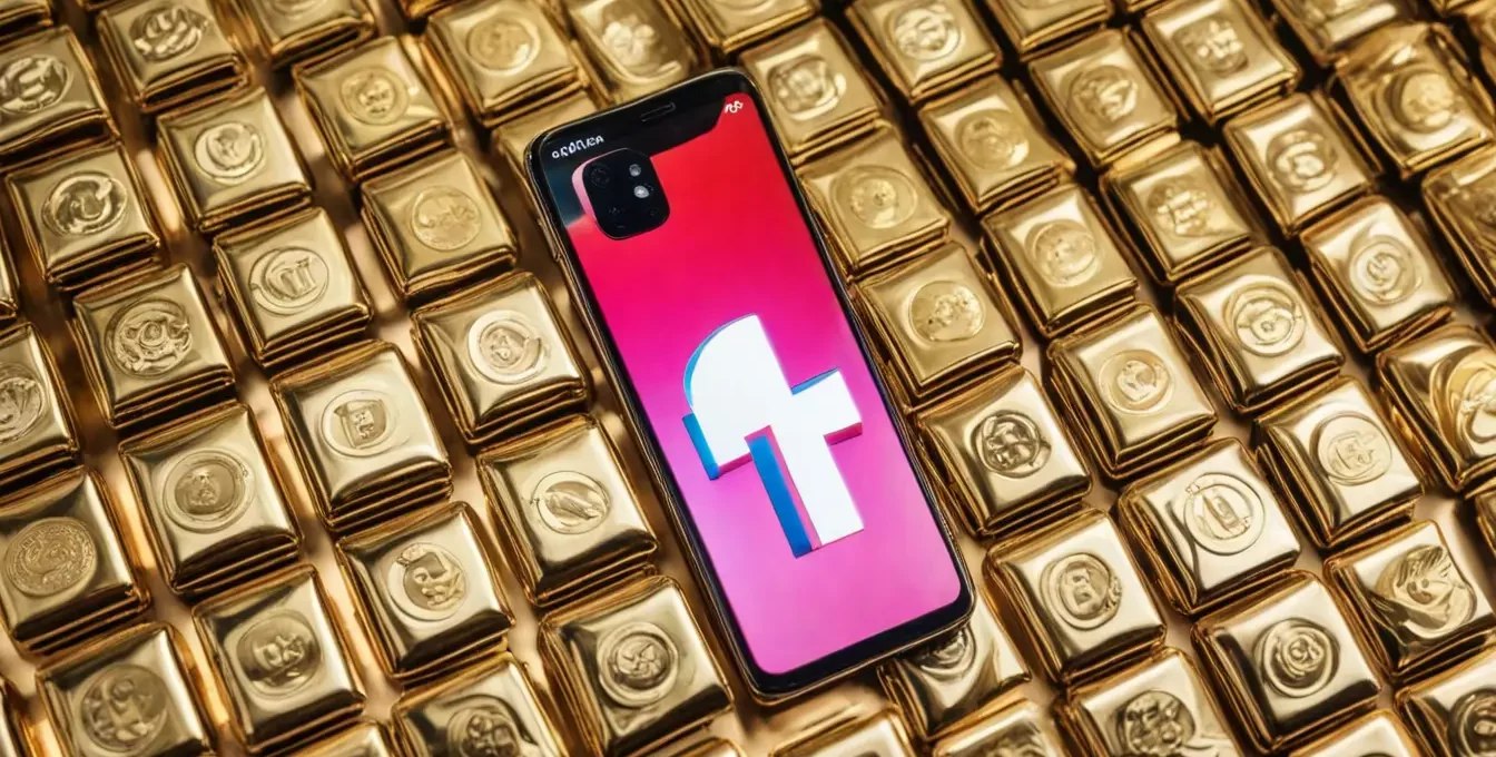 Smartphone exibindo tela do TikTok com ícone de curtida, moedas de ouro e gráfico de barras em ascensão no fundo branco.