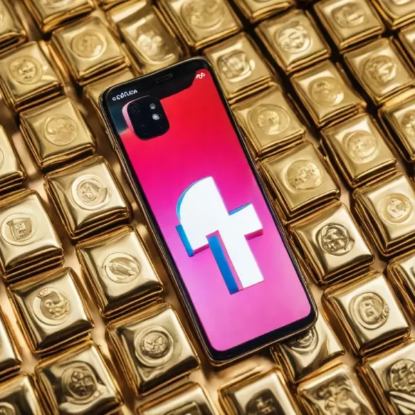 Smartphone exibindo tela do TikTok com ícone de curtida, moedas de ouro e gráfico de barras em ascensão no fundo branco.