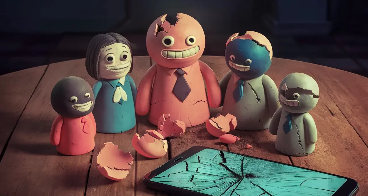 Figurines de barro quebradas representando seguidores de mídias sociais ao lado de smartphone com tela rachada.