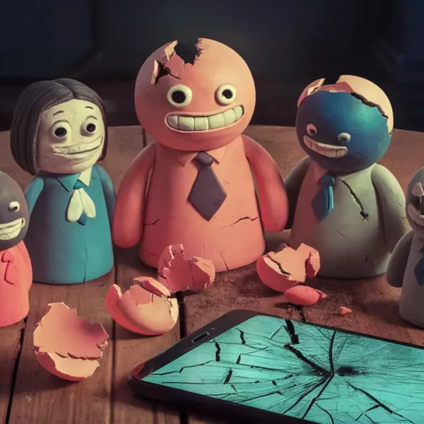 Figurines de barro quebradas representando seguidores de mídias sociais ao lado de smartphone com tela rachada.