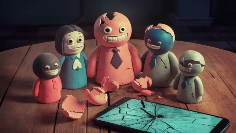Figurines de barro quebradas representando seguidores de mídias sociais ao lado de smartphone com tela rachada.