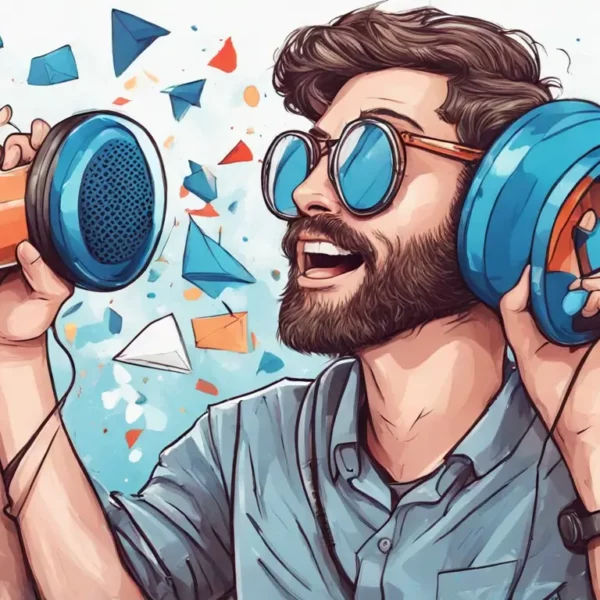 Mão masculina segurando megafone azul com ícones de redes sociais coloridos flutuando ao redor, representando dicas para ganhar seguidores orgânicos.