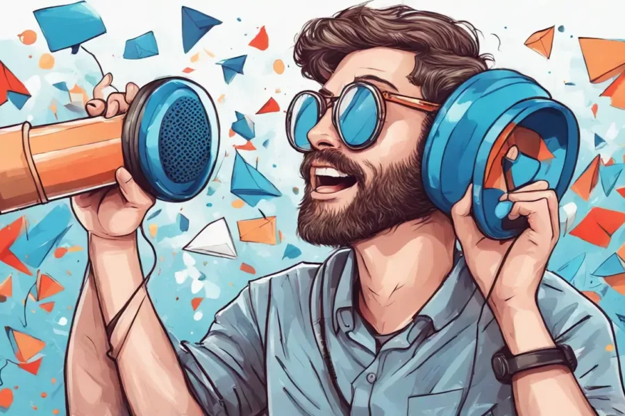 Mão masculina segurando megafone azul com ícones de redes sociais coloridos flutuando ao redor, representando dicas para ganhar seguidores orgânicos.