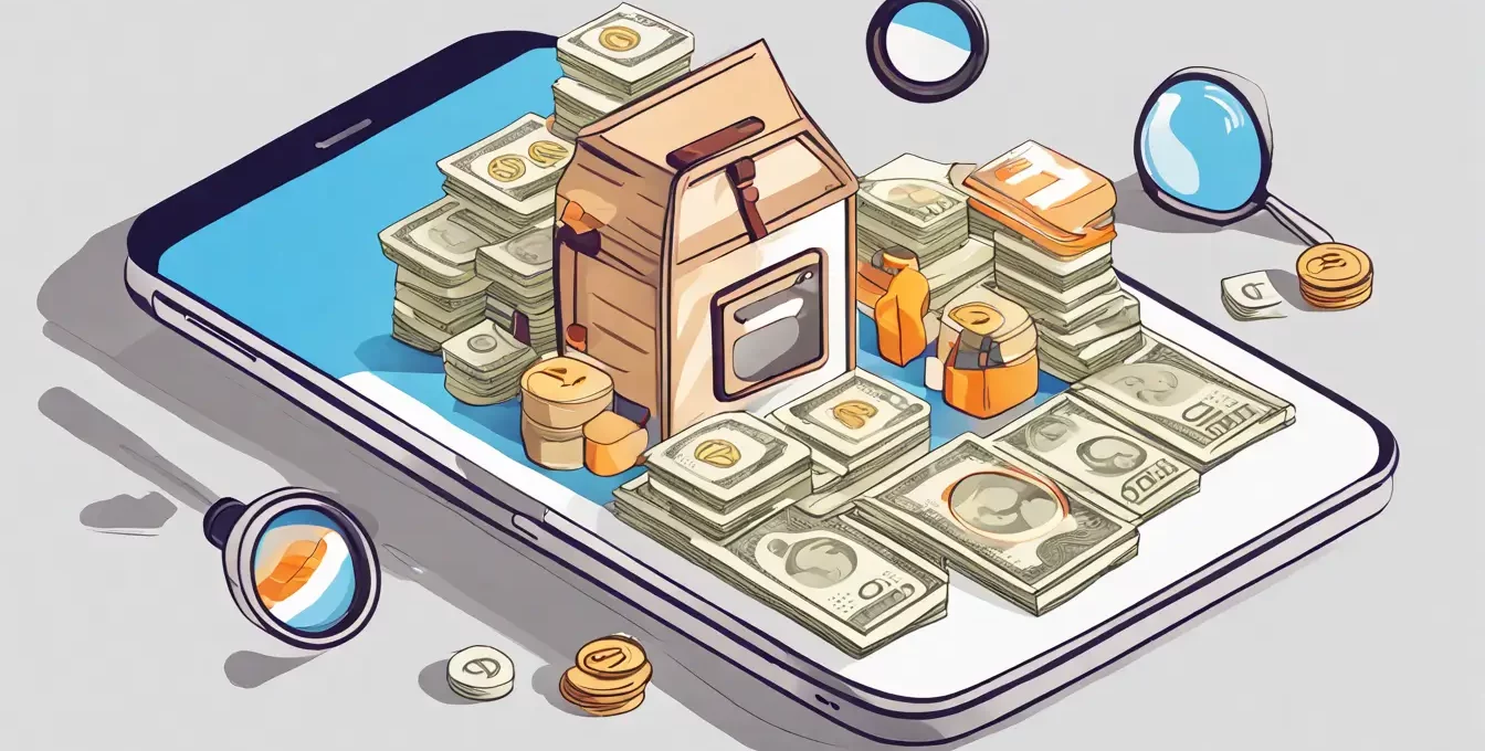 Imagem de um smartphone com o aplicativo do Instagram aberto, rodeado por pilhas de dinheiro, ícones de seguidores, um carrinho de compras e uma lupa.