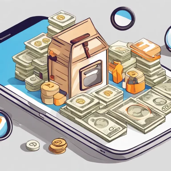 Imagem de um smartphone com o aplicativo do Instagram aberto, rodeado por pilhas de dinheiro, ícones de seguidores, um carrinho de compras e uma lupa.
