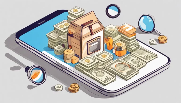 Imagem de um smartphone com o aplicativo do Instagram aberto, rodeado por pilhas de dinheiro, ícones de seguidores, um carrinho de compras e uma lupa.