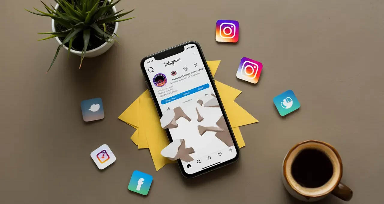 Smartphone com aplicativo do Instagram aberto mostrando página de perfil com seguidores diminuindo, cercado por ícones de mídias sociais.
