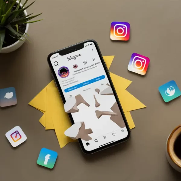 Smartphone com aplicativo do Instagram aberto mostrando página de perfil com seguidores diminuindo, cercado por ícones de mídias sociais.