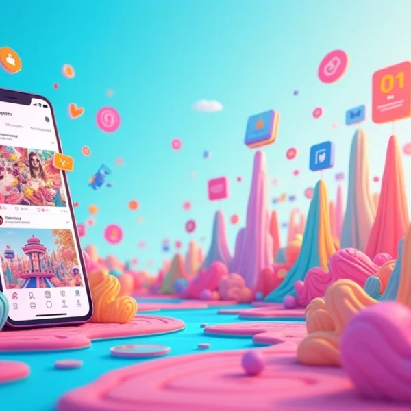 Cena vibrante de redes sociais com ícones do Instagram e TikTok, simbolizando crescimento de seguidores.
