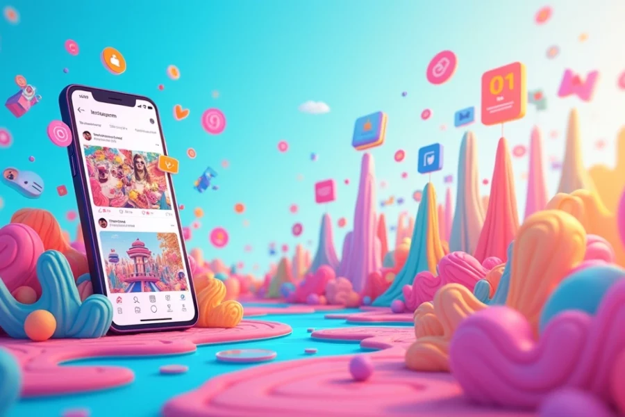 Cena vibrante de redes sociais com ícones do Instagram e TikTok, simbolizando crescimento de seguidores.