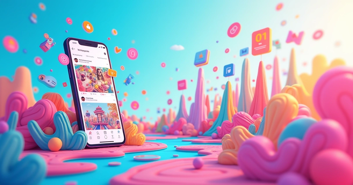 Cena vibrante de redes sociais com ícones do Instagram e TikTok, simbolizando crescimento de seguidores.