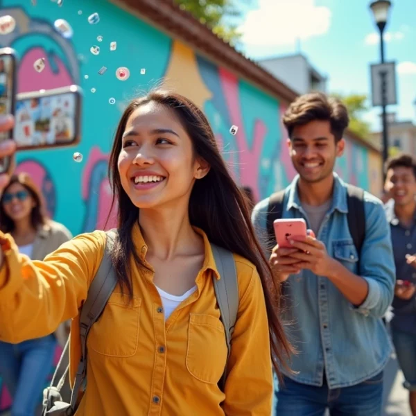 Grupo diversificado de jovens interagindo com smartphones, demonstrando como desflopar o Instagram.