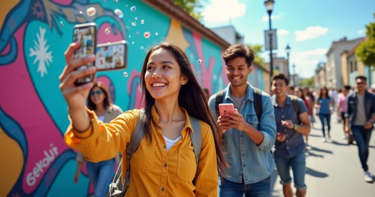 Grupo diversificado de jovens interagindo com smartphones, demonstrando como desflopar o Instagram.